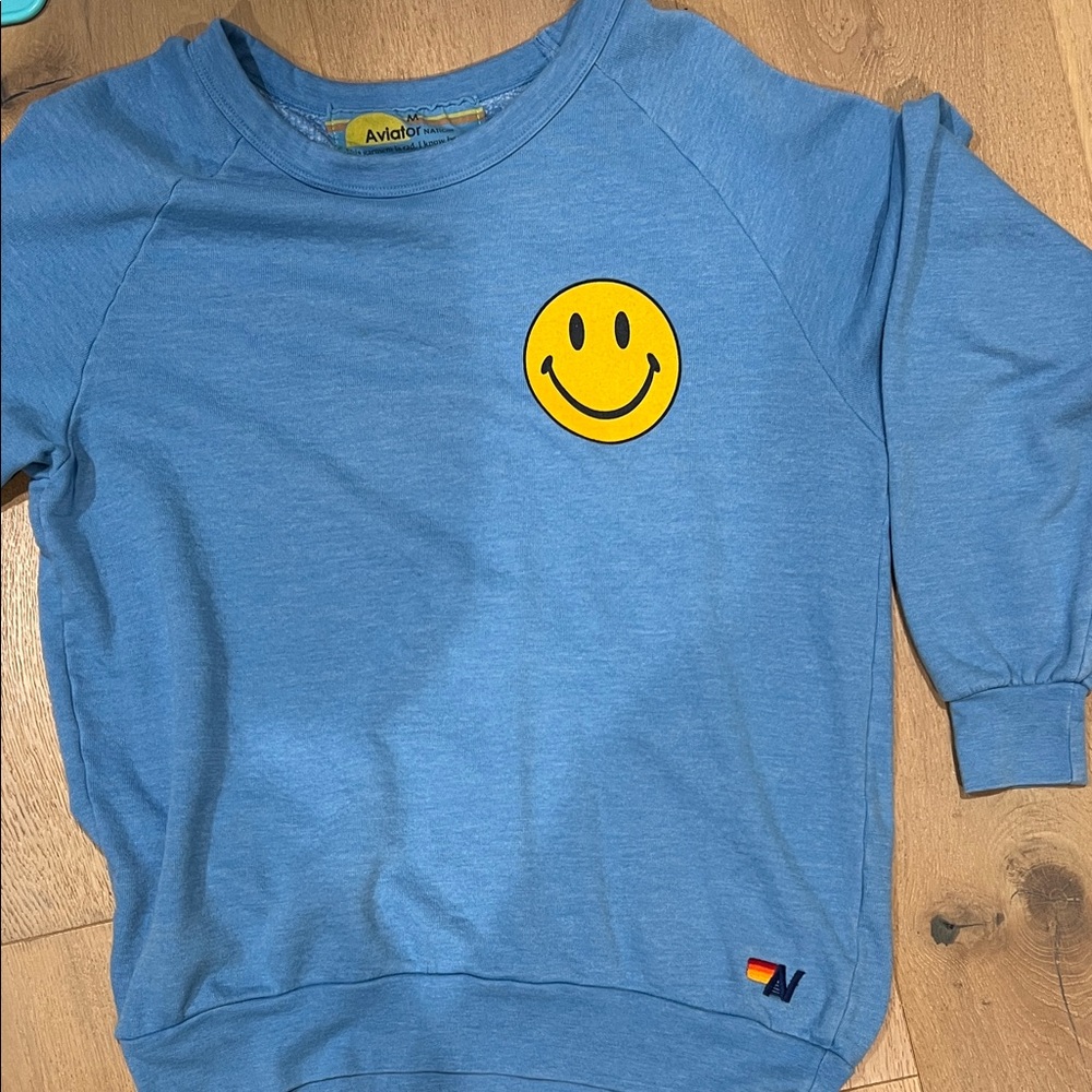 Aviator Nation Womens Blue Sweatshirt with Yellow Smiley